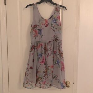 Interesting gray summer dress with whimsical birds and butterflies pattern!
